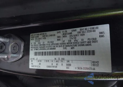 2020 Ford Escape Se from USA, damaged, VIN 1FMCU9G60LUC48080